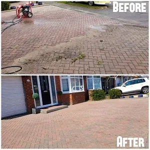Front driveway block paving before and after a deep clean