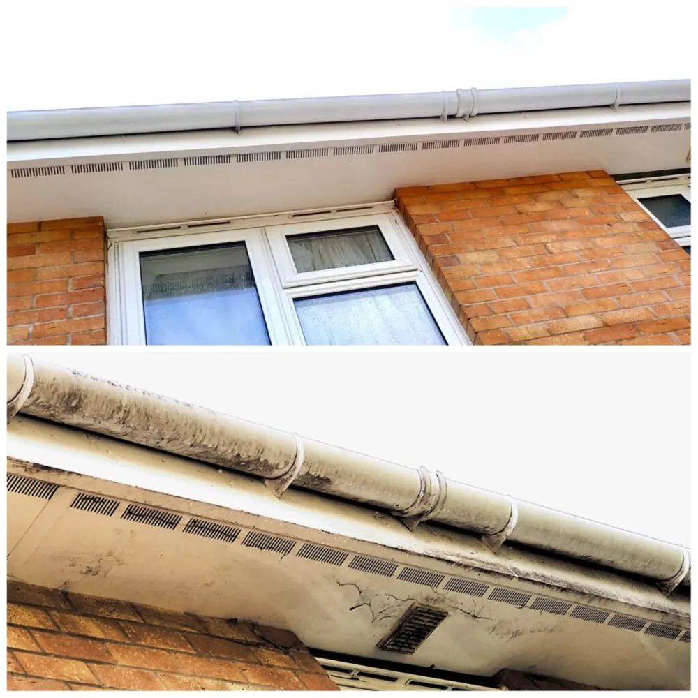 White fascia and soffit before and after cleaning