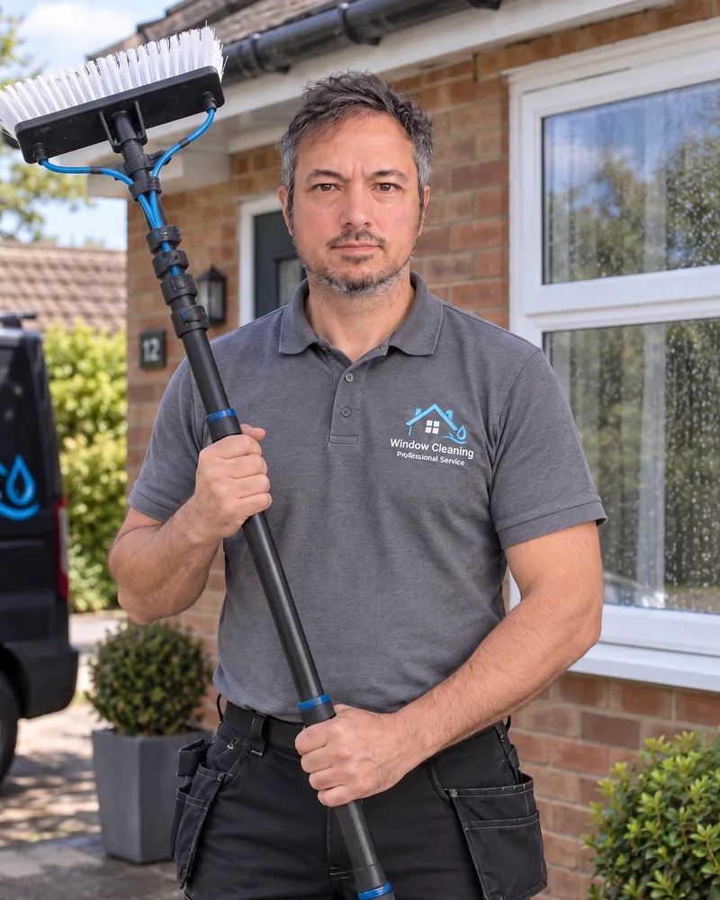 Marc from TDH Exterior Cleaning holding a water fed pole outside a customer's house
