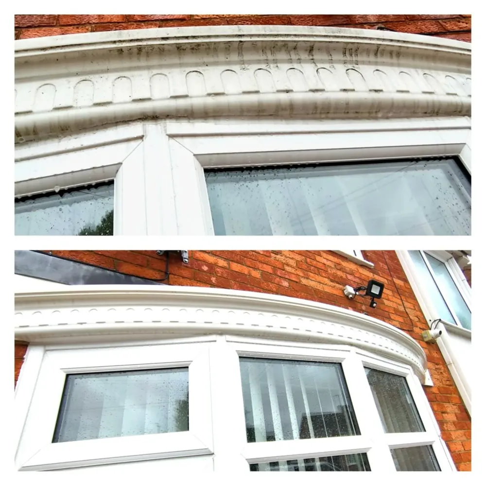 Bay window uPVC frames and roof trim before and after cleaning
